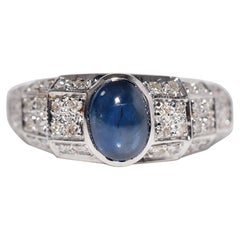 Vintage Circa 1980s 18k Gold Natural Diamond And Cabochon Cut  Sapphire Ring