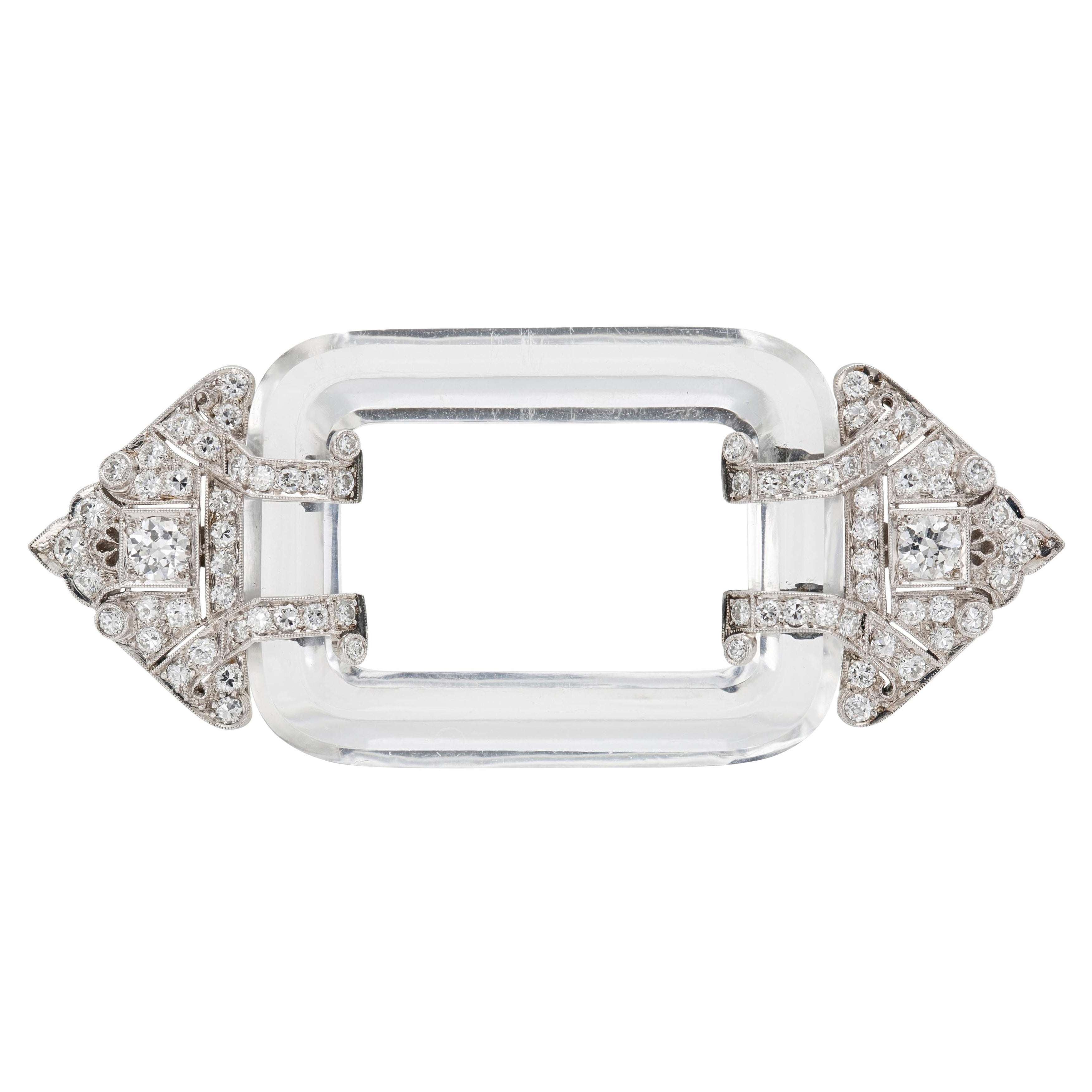 Antique Art Deco 1930s Rock Crystal Brooch with Diamonds