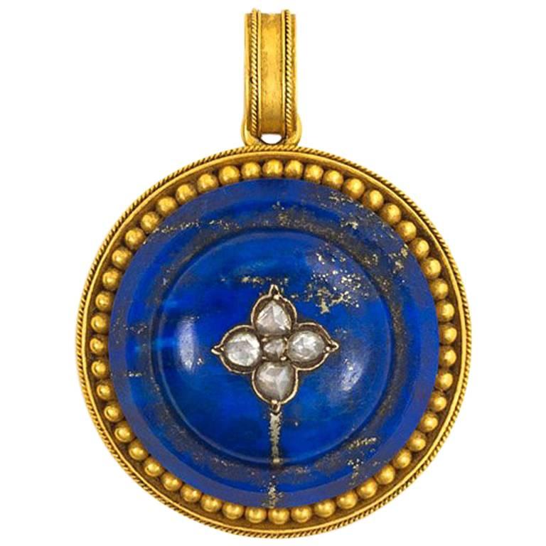 Antique Gold Lapis and Diamond Etruscan Style Pendant Locket