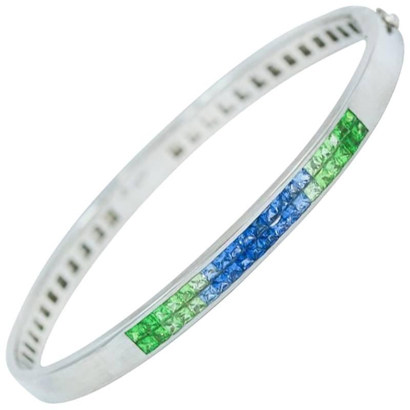 Blue and Green Sapphire White Gold Bangle Bracelet For Sale