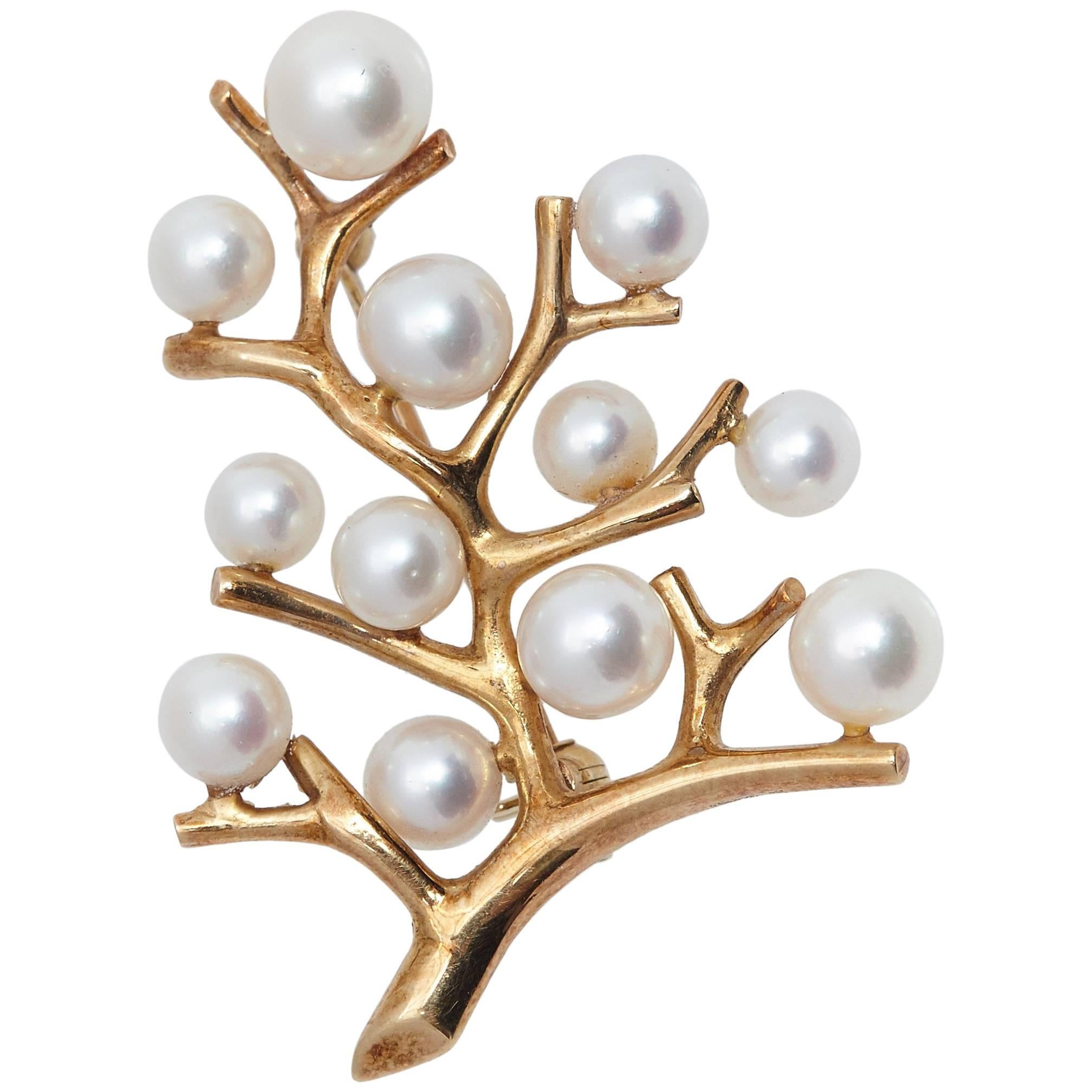 Mikimoto Tree of Life Pearl Gold Brooch For Sale