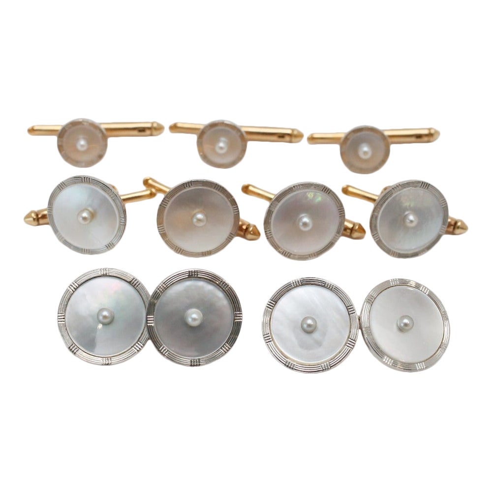 Vintage 14k Yellow Gold Mother of Pearl Cufflink & Button Set, 16.1g