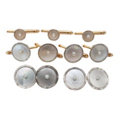 Vintage 14k Yellow Gold Mother of Pearl Cufflink & Button Set, 16.1g