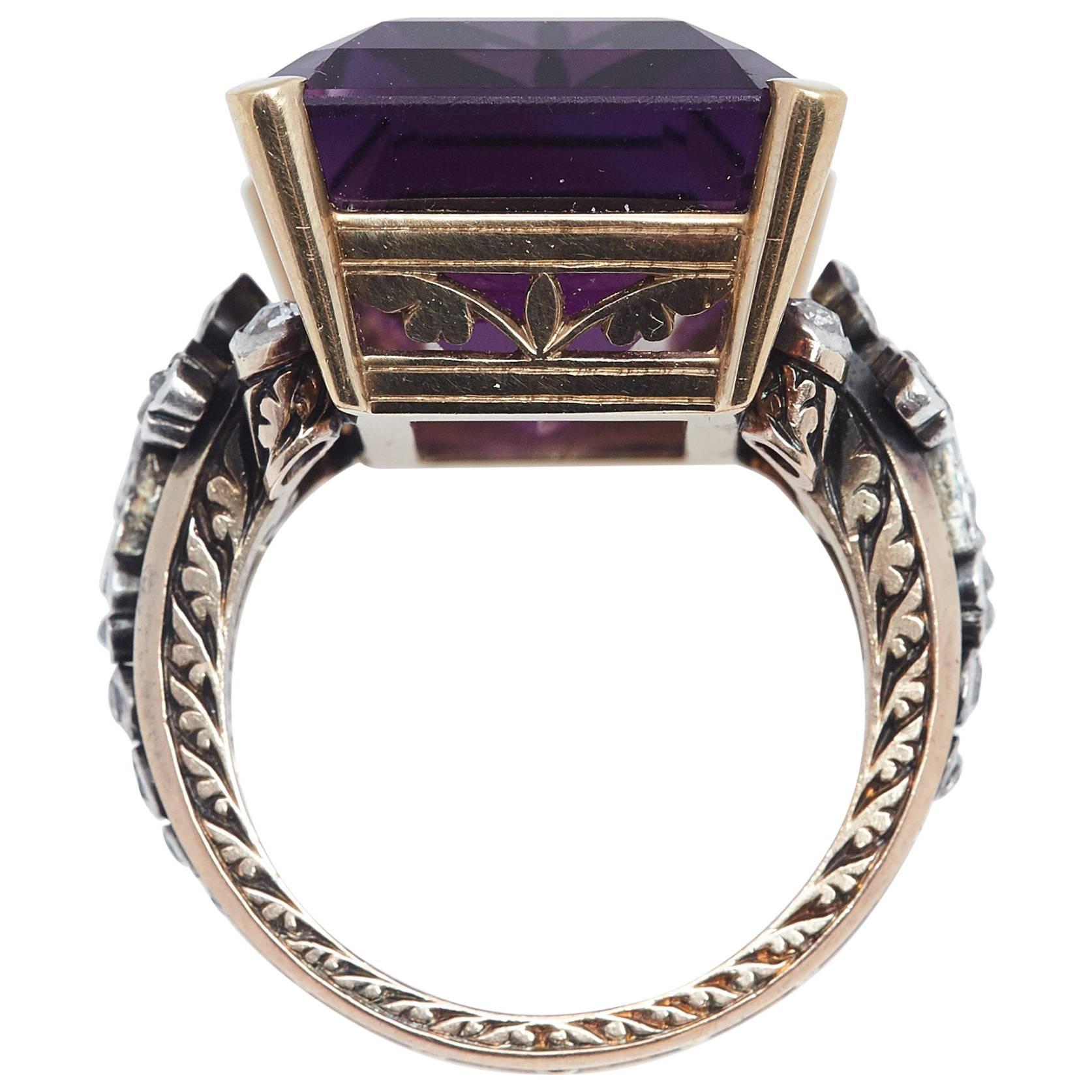 Amethyst Bishops Gold and Diamond Ring