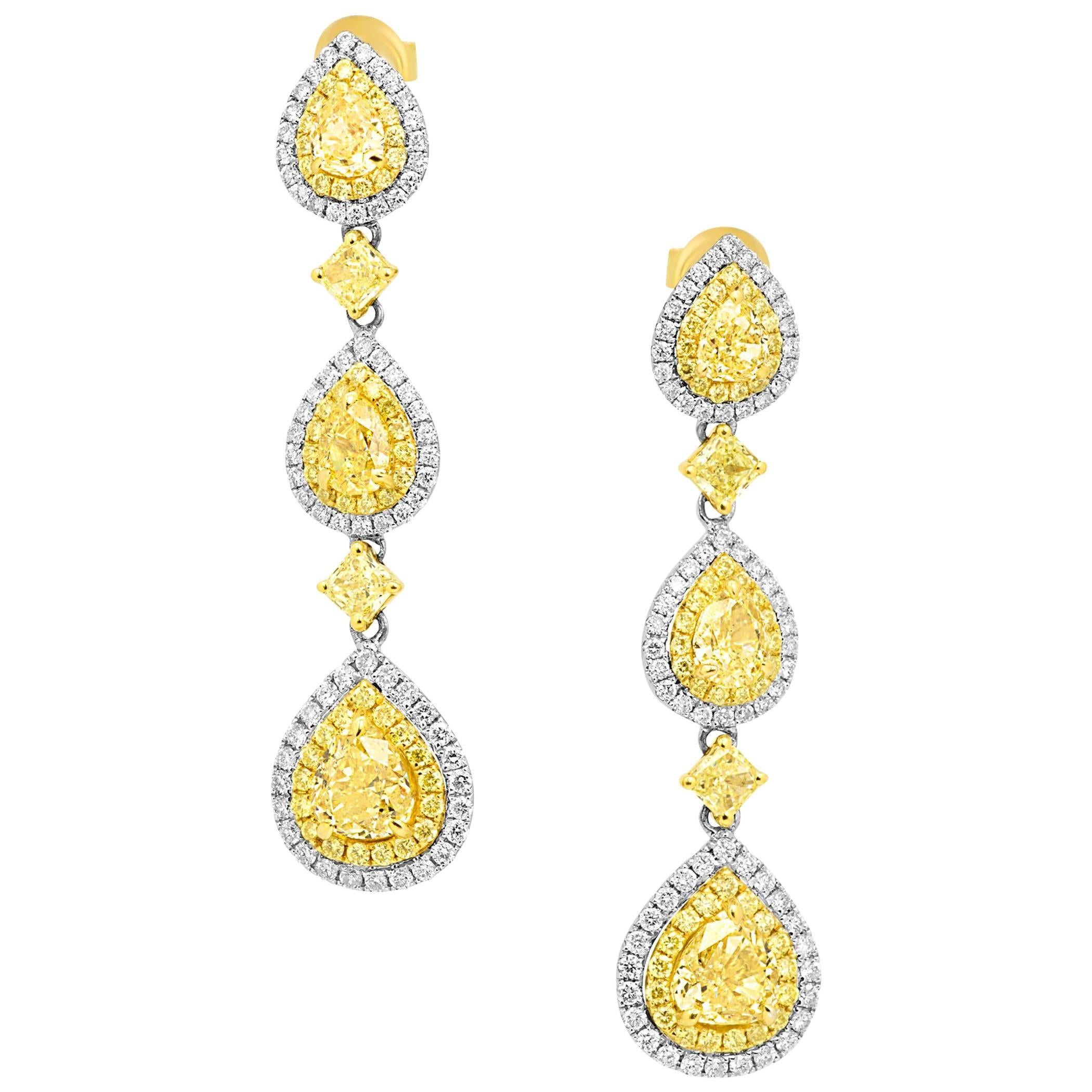 Fancy Yellow and White Diamond Two-Color Gold Double Halo Dangle Drop Earring