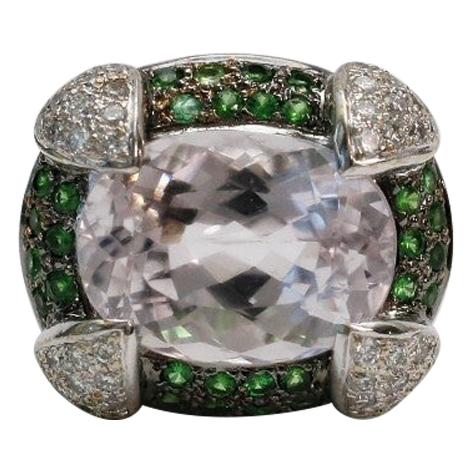 18k White Gold Tsavorite Garnet, Kunzite & Diamond Ring, Size 7 - 16.0g