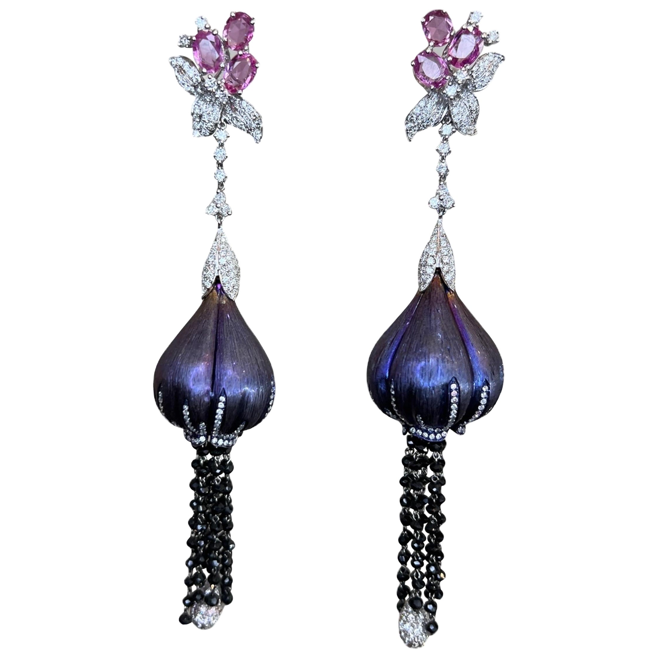 Custom Statement Earring 18k Pink Ceylon Sapphire and Titanium Diamond Earring