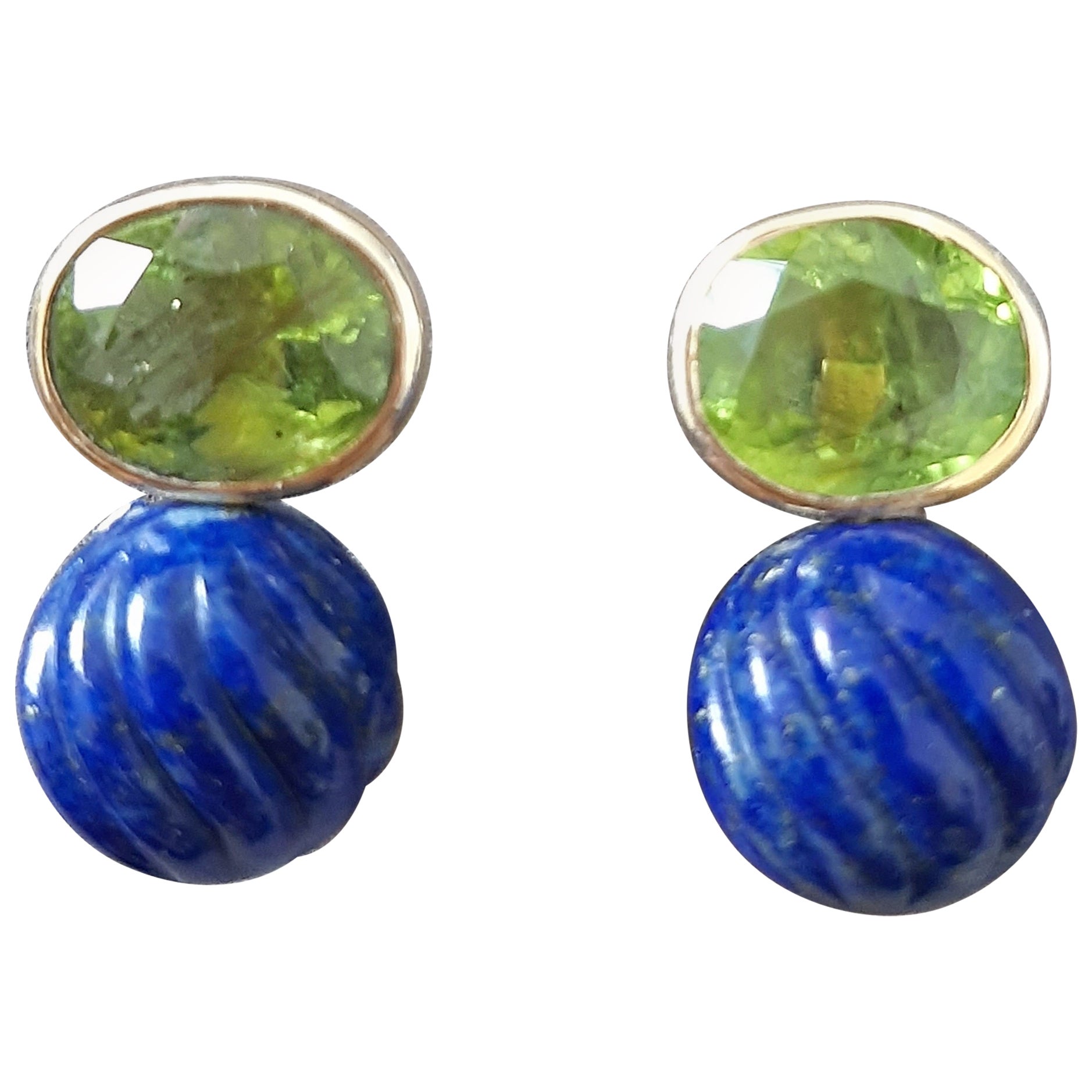 Faceted Oval  Peridot  LapisLazuli Round Carved Beads 14 Karat Solid Yellow Gold