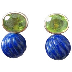 Faceted Oval  Peridot  LapisLazuli Round Carved Beads 14 Karat Solid Yellow Gold