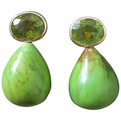 Faceted Oval  Peridot Green Turquoise Round Drops 14 Karat Solid Yellow Gold