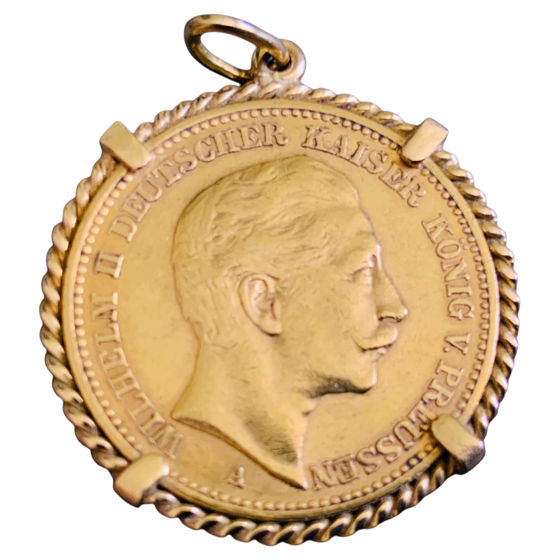 22K Gold Deutsches Reich 1905 20 Mark Coin Gemmed Numari Pendant For Sale