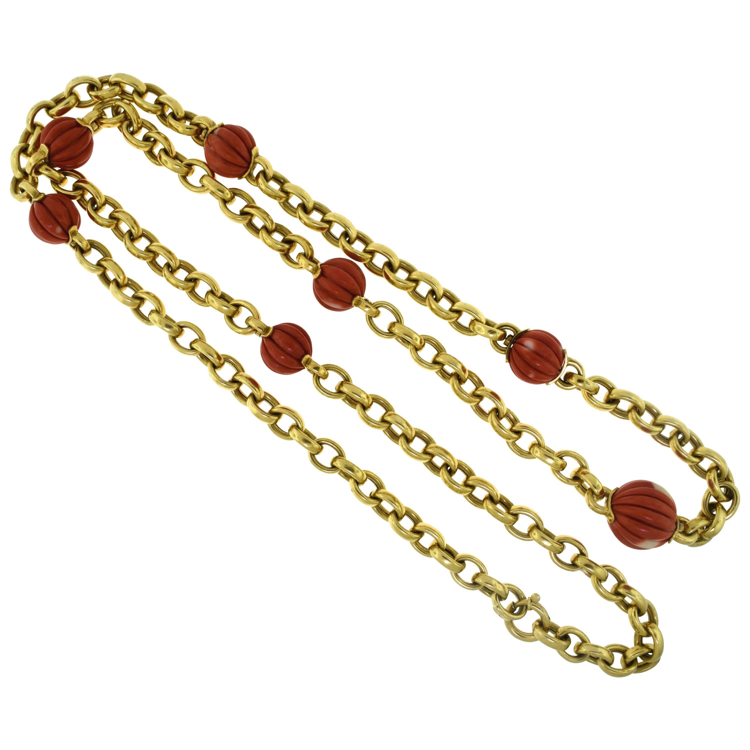 Italian Large Yellow Gold Long Chain Necklace with Large Red Coral For Sale