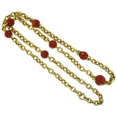 Italian Large Yellow Gold Long Chain Necklace with Large Red Coral 10