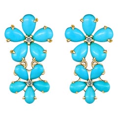 Nina Zhou Turquoise Diamond Double Blossom Drop Earrings