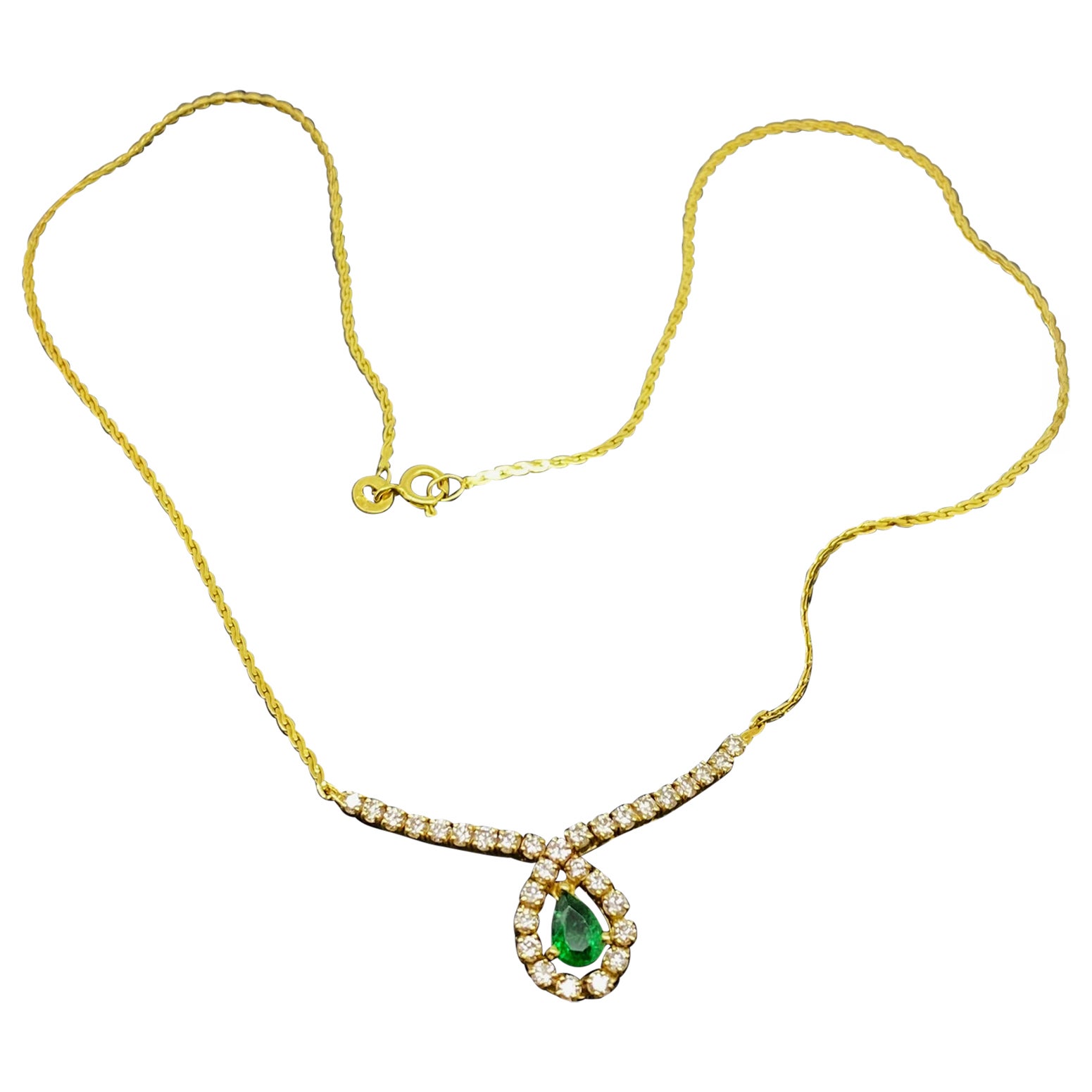0.50ct Pear Cut Emerald 1.00ct Diamond Italian 18K Yellow Gold Pendant Necklace