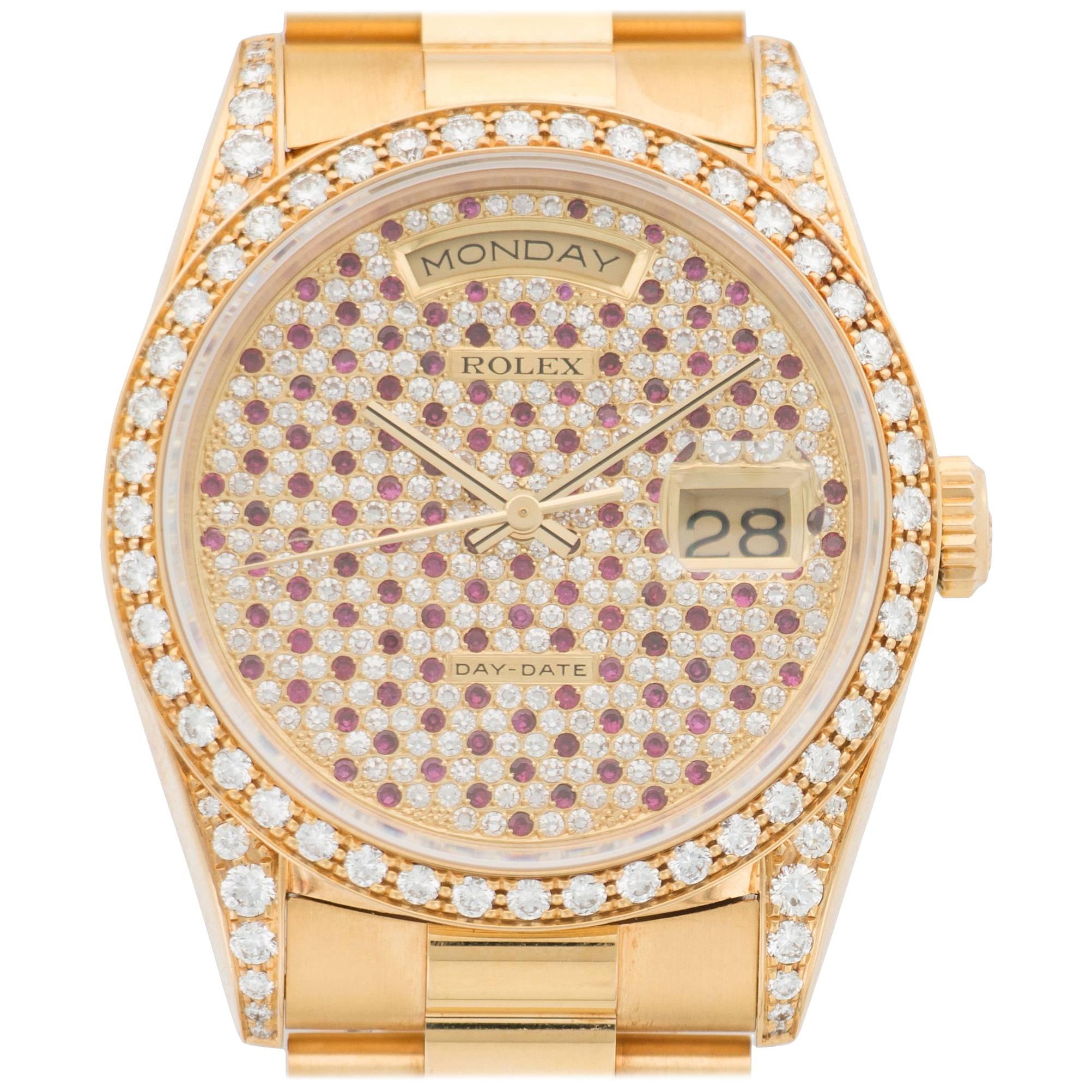 Rolex Day-Date, Model 18388 with Diamond and Ruby Dial For Sale