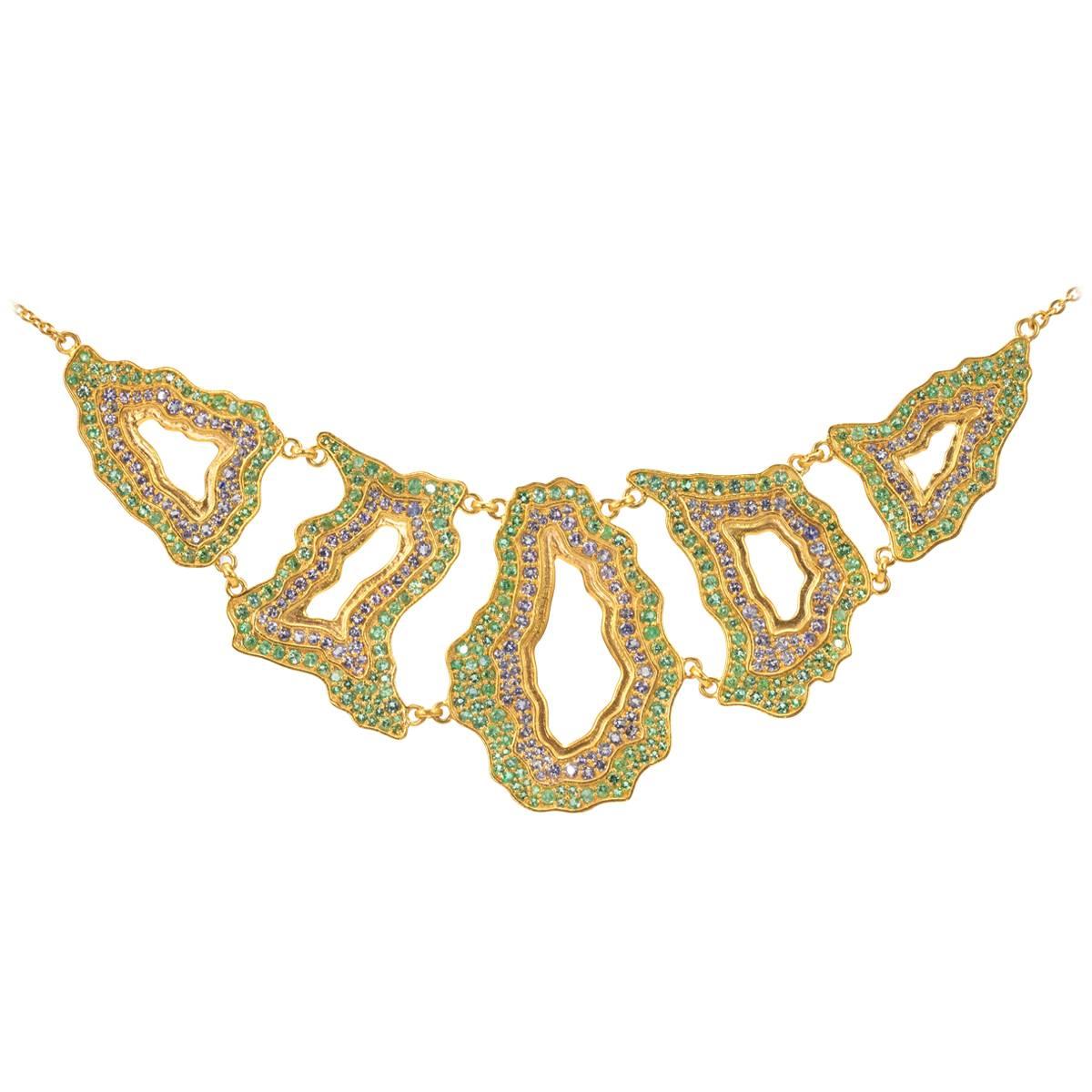 Lauren Harper Geode-Inspired Emerald, Tanzanite and Gold Statement Necklace For Sale