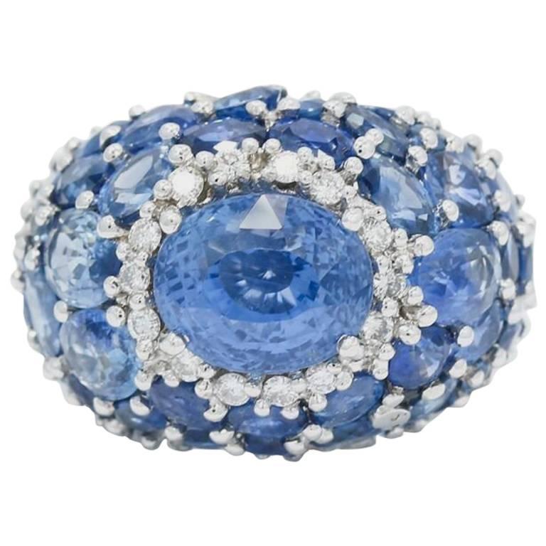 Oval Sapphire Diamond White Gold Dome Ring For Sale