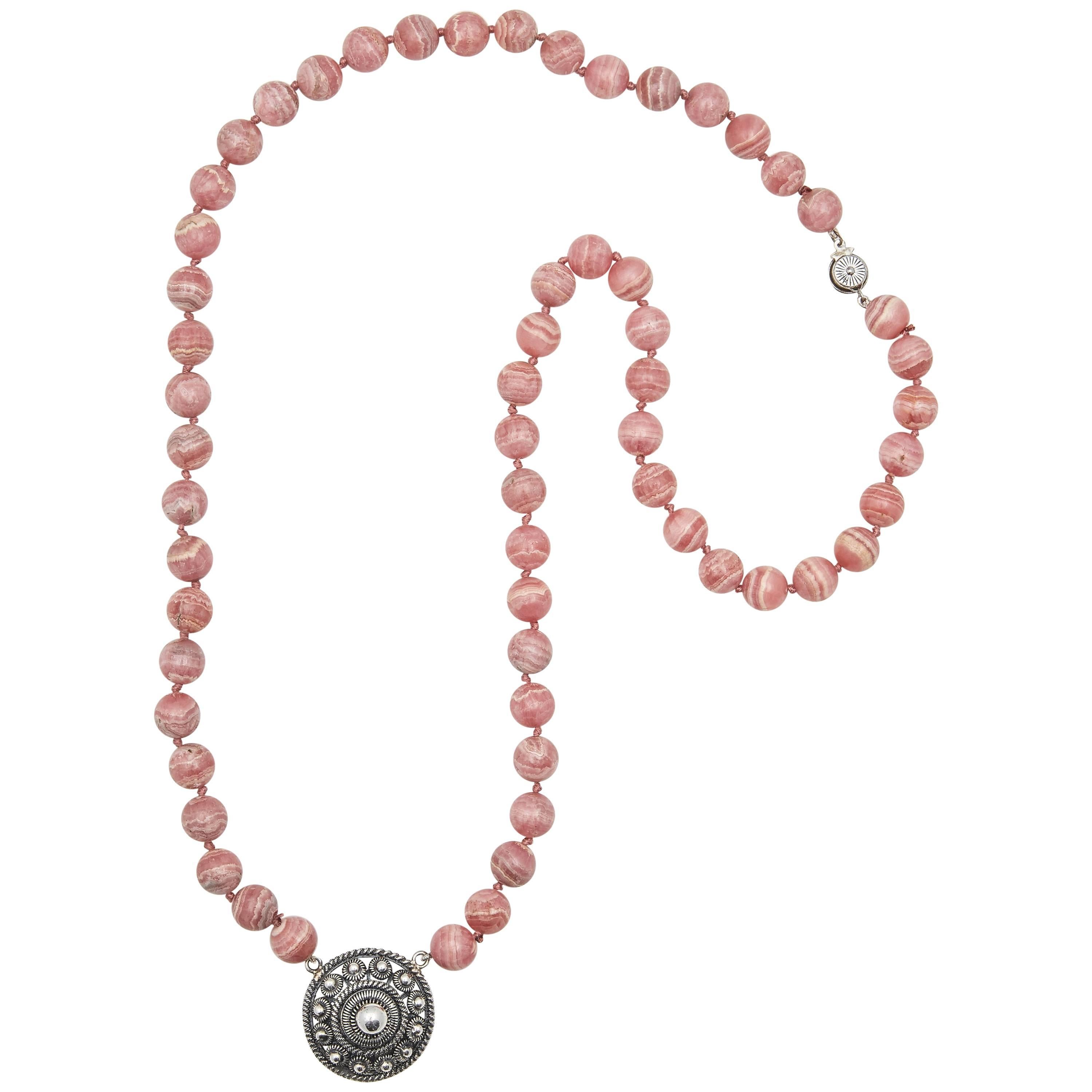 Rhodochrosite Beaded Necklace with Silver Rondelle Pendant, 20th century For Sale