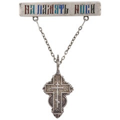 Antique Russian Silver Enamel Pin Suspending an Old Believers Cross, 19th century