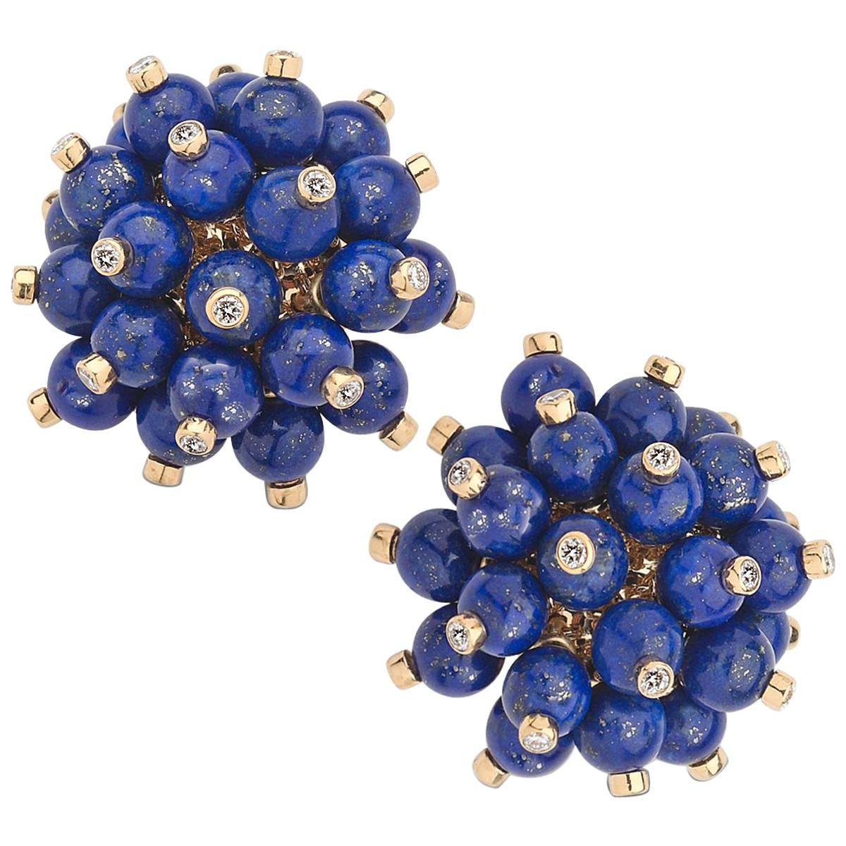 Lapis Lazuli Diamond Gold Sparkle Sputnik Earrings For Sale