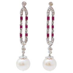 13 Mm White Pearls, Rubies, Diamonds, Platinum Earrings.