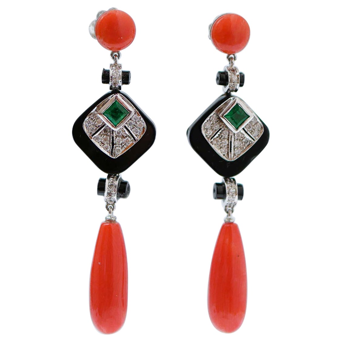Coral, Emeralds, Onyx, Diamonds, Platinum Earrings.