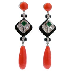 Coral, Emeralds, Onyx, Diamonds, Platinum Earrings.