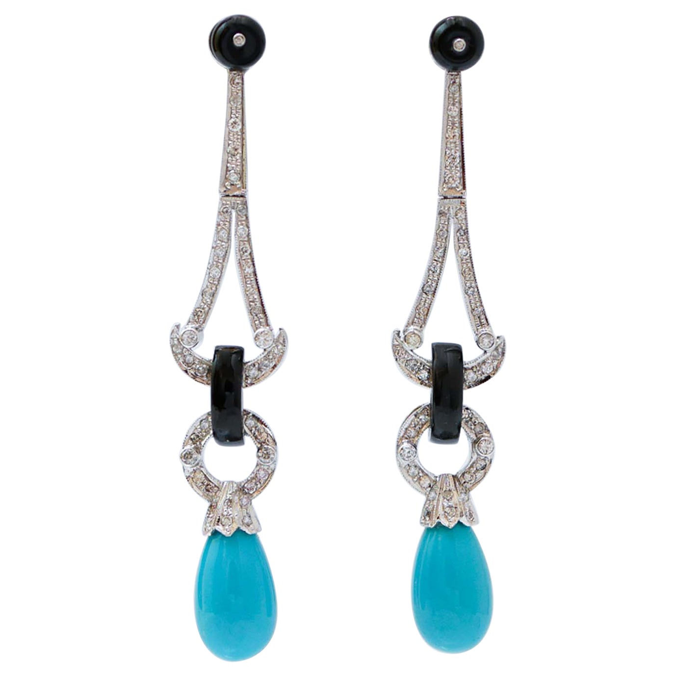 Turquoise, Onyx, Diamonds, Platinum Dangle Earrings.