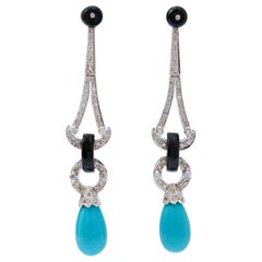 Turquoise, Onyx, Diamonds, Platinum Dangle Earrings.