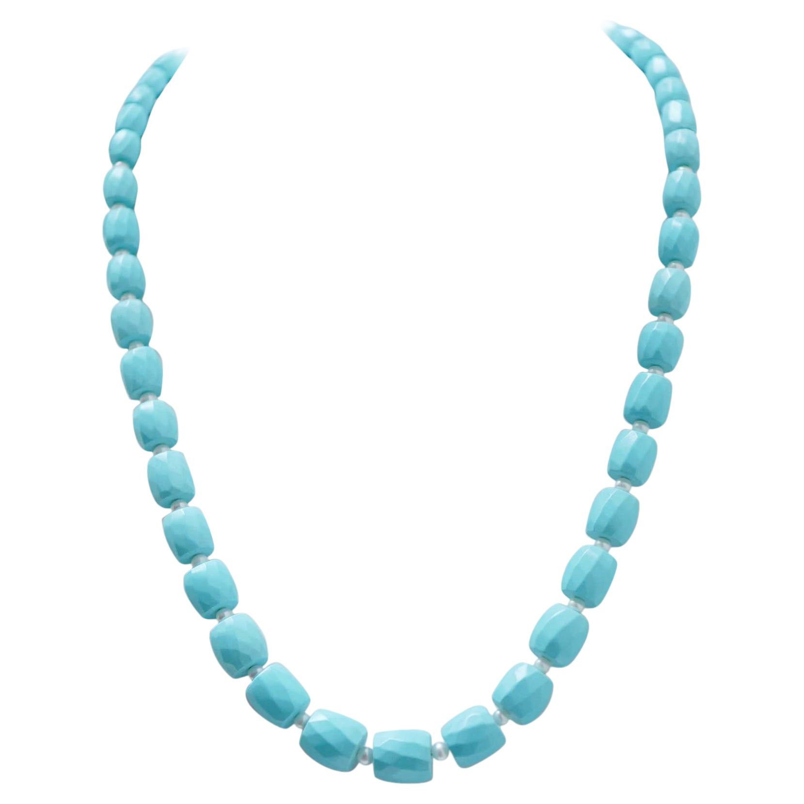 Turquoise, Pearls, 18 Karat Yellow Gold Necklace. in vendita