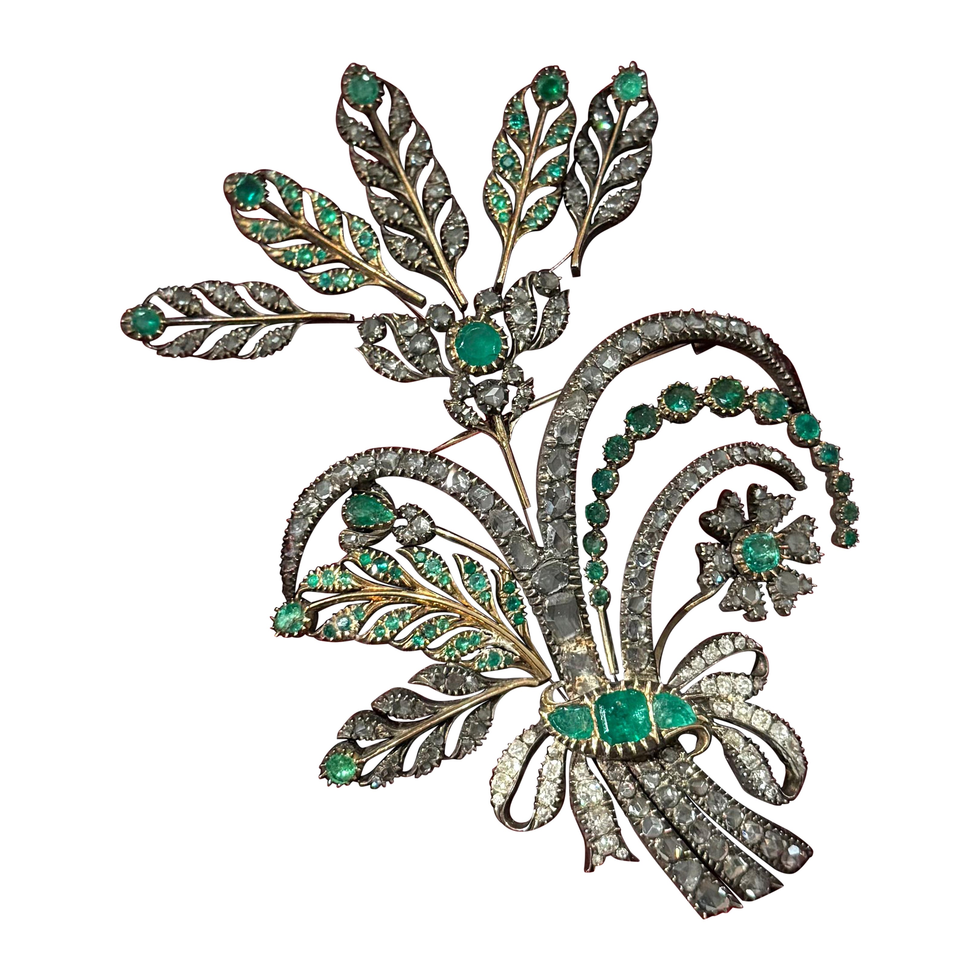 Antique 19th Century Georgian Aigrette En Tremblant Emerald Diamond Silver Gold
