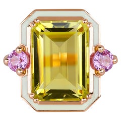 Statement Cocktail Rings, Lemon Quartz and Topaz Stone Ring, 14k Solid Rose Gold