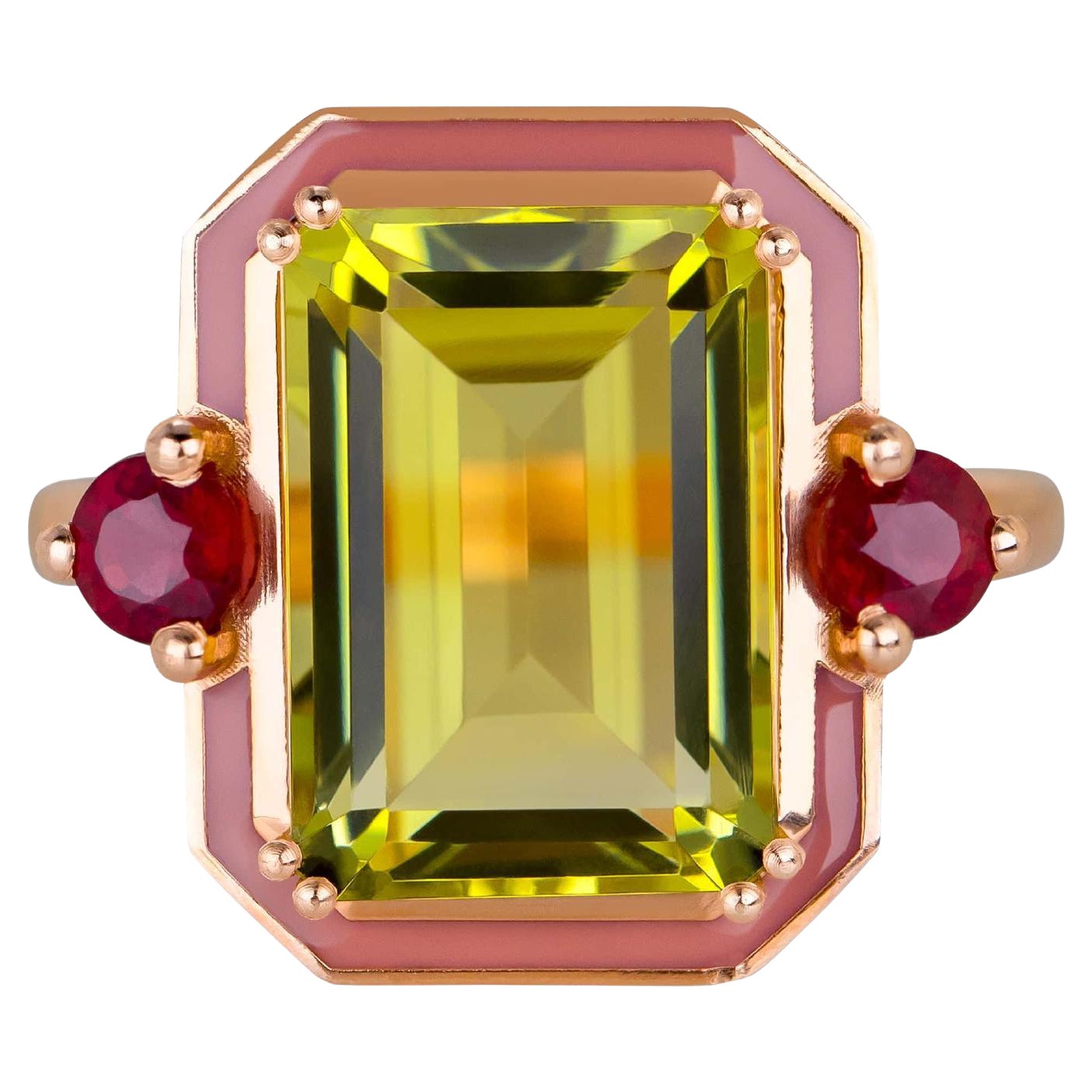 Luxury Cocktail Rings, Lemon Quartz and Ruby Stone Ring, 925 Silver Rose Plated