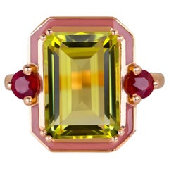 Luxury Cocktail Rings, Lemon Quartz and Ruby Stone Ring, 925 Silver Rose Plated