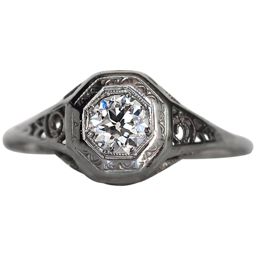 1930s Art Deco GIA Certified .35 Carat Diamond White Gold Engagement Ring For Sale