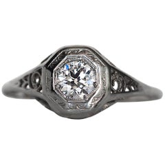Vintage 1930s Art Deco GIA Certified .35 Carat Diamond White Gold Engagement Ring