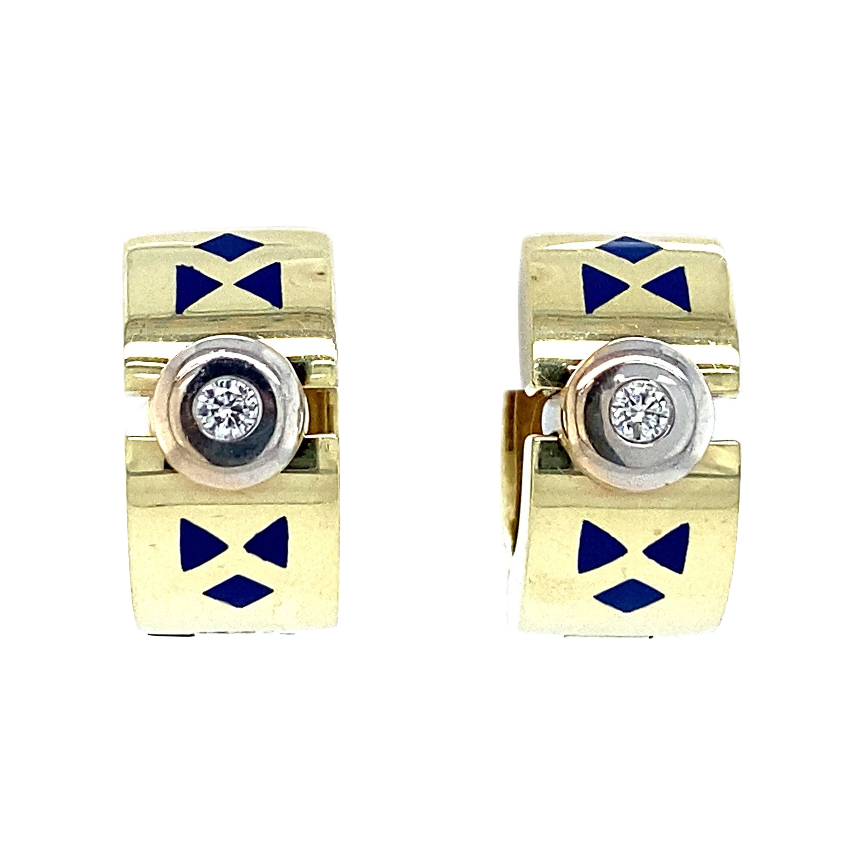 Enamel and Diamond Huggie Hoop Earrings, 14K Yellow & White Gold