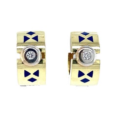 Enamel and Diamond Huggie Hoop Earrings, 14K Yellow & White Gold