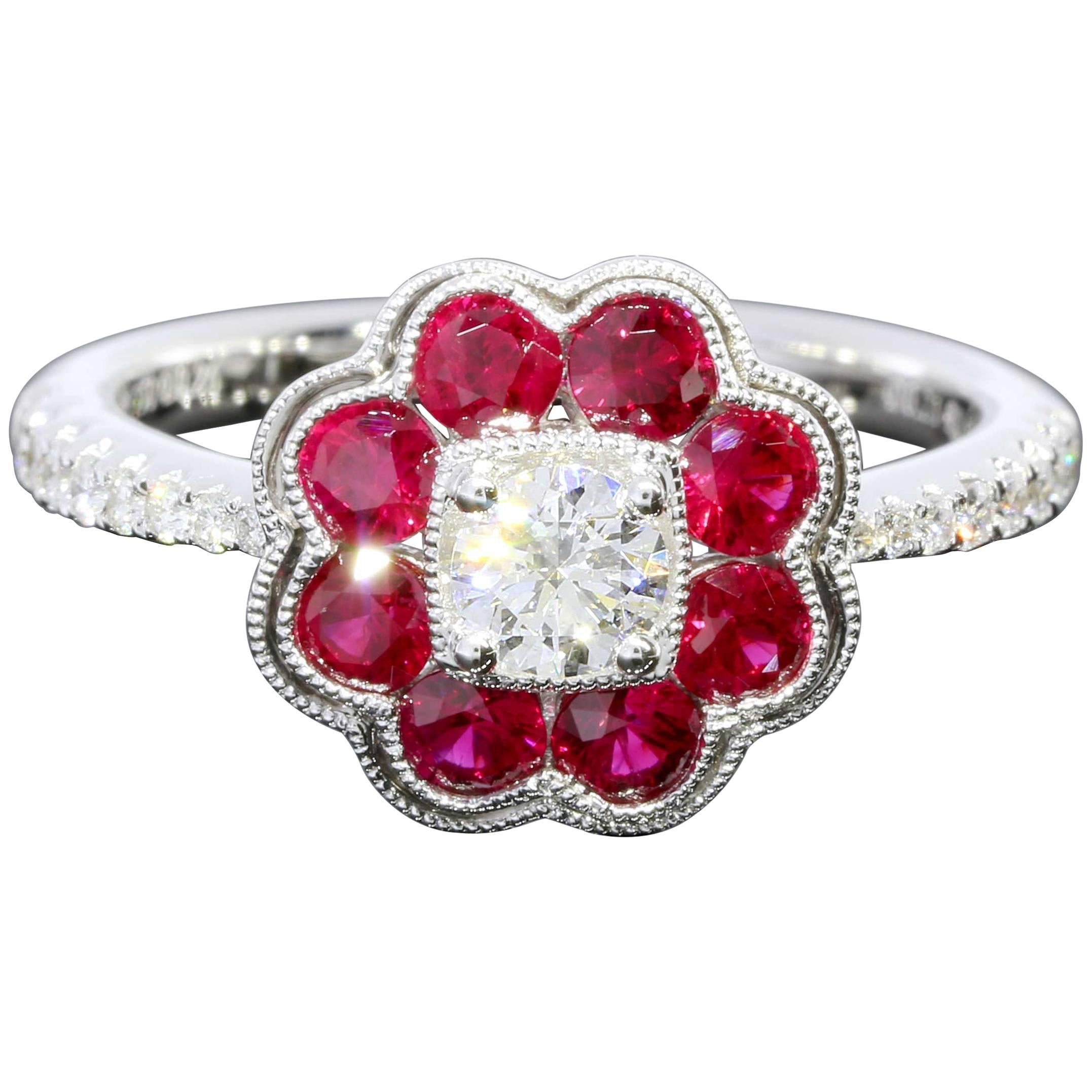  Diamond & Ruby White Gold Flower Halo Ring