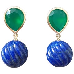Grüner Onyx Facettierter birnenförmiger geschnitzter Lapislazuli-Perlen 14k massives Gelbgold