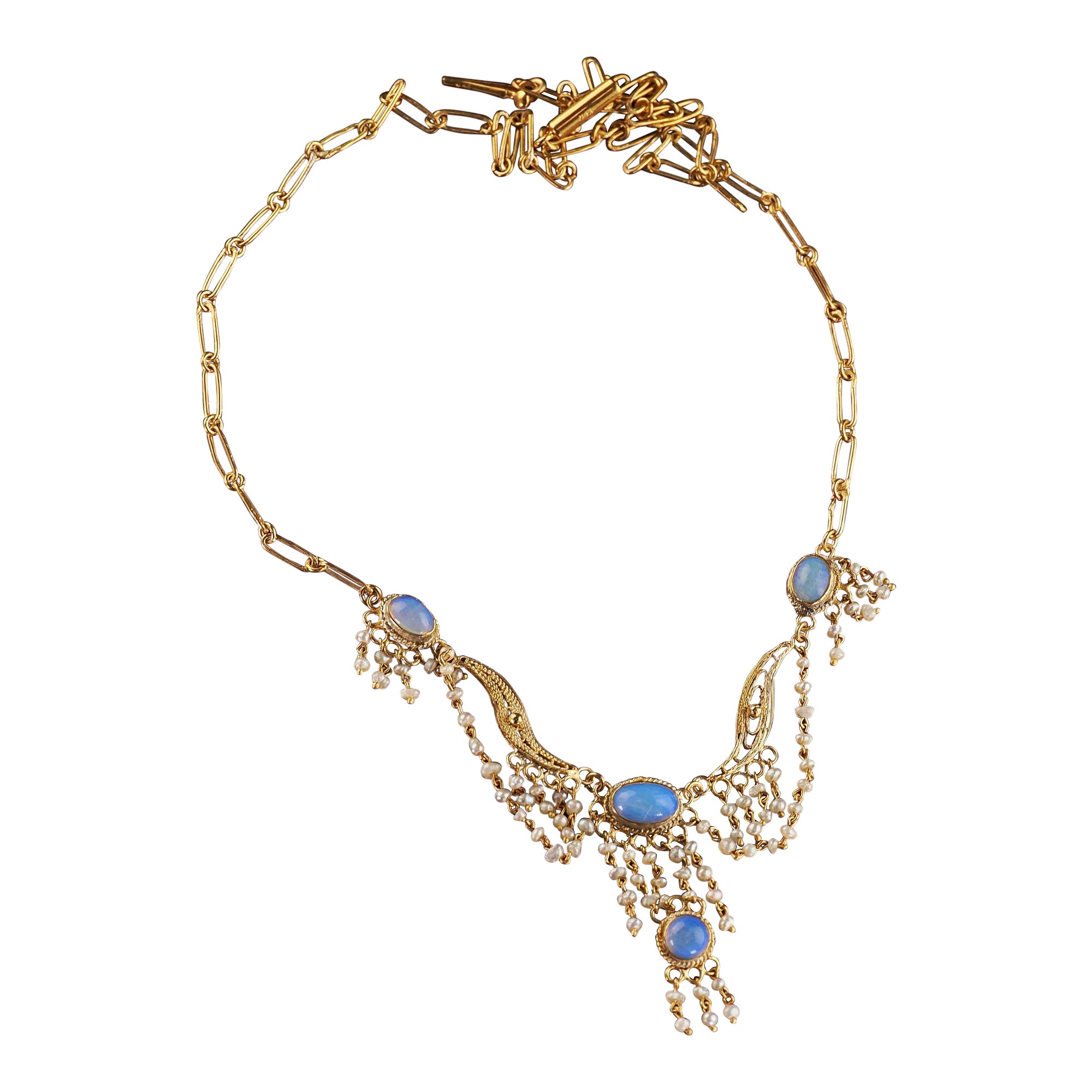 Antique Arts & Crafts 14K Yellow Gold Opal and Seed Pearl Drop Necklace