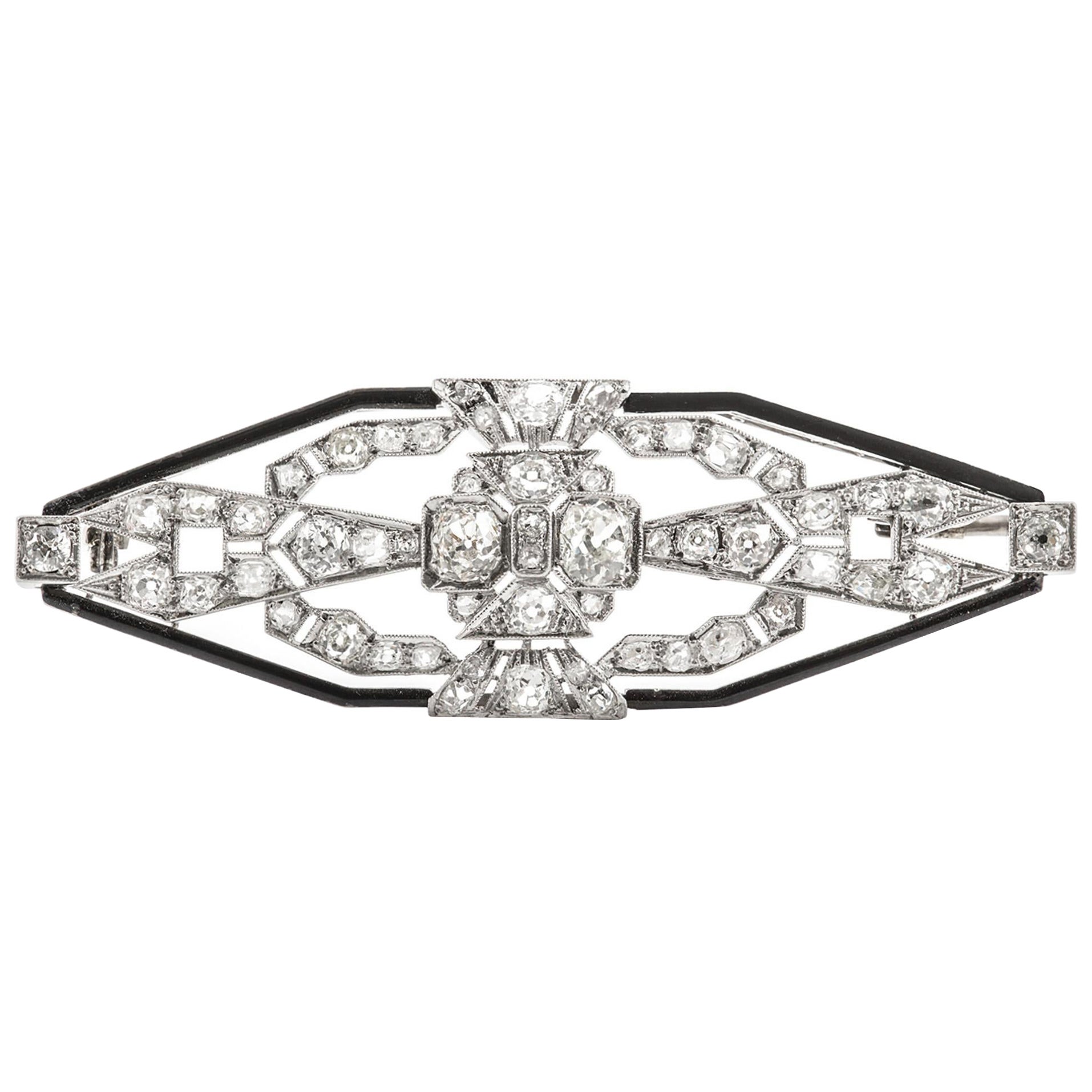 Antique Art Deco 1930s 7.50 Carat Diamond & Onyx Brooch