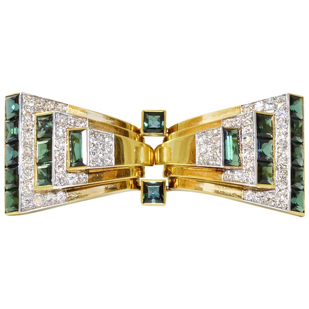 Art Deco Cartier Tourmaline Diamond Gold Bow Brooch Double Clips For Sale