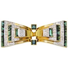 Vintage Art Deco Cartier Tourmaline Diamond Gold Bow Brooch Double Clips