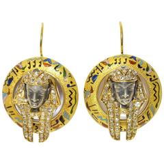 Victorian Egyptian Revival Pharaoh Enamel Diamond Gold Drop Earrings