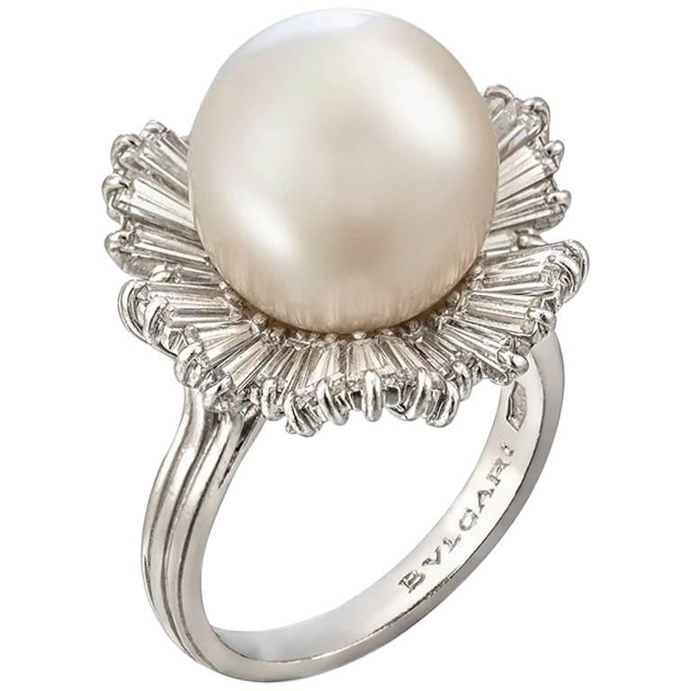 1960s Bulgari Pearl Diamond Platinum Ballerina Ring For Sale