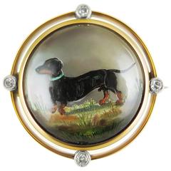 Antique Dachshund Mother-of-Pearl Reverse Crystal Diamond Gold Intaglio Brooch