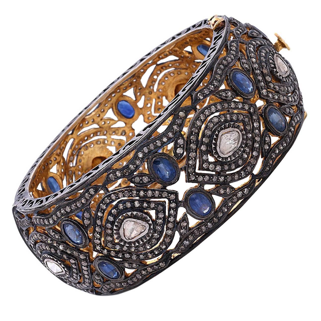 Rose Cut Diamond & Sapphire Bracelet Made In 18k Gold & Silver