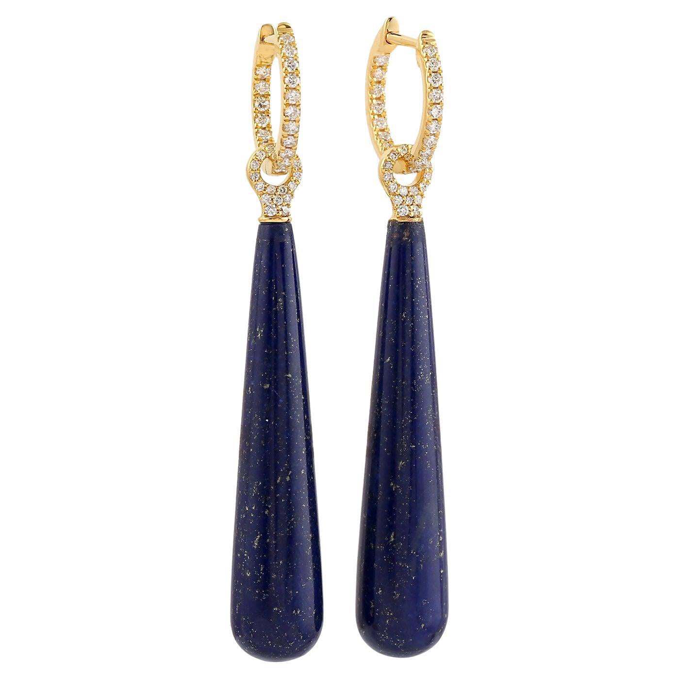Teardrop Lapis Dangle Earrings With Diamonds Made In 18k Yellow Gold